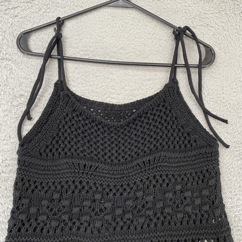 Zara Crochet‎ Tank Womens Small Black 100% Cotton Tie Strap Boho Festival Beachy - Picture 3 of 11
